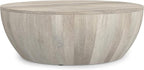 SIMPLIHOME Elmbrook Coffee Table - 34 inch Wide Solid Mango Wood Modern Industrial Round Drum Cocktail Table in White Wash, Sculptural Living Room Table with Low Profile Design, Assembled