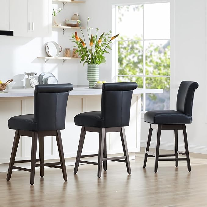 CHITA 26 Inch Counter Height Swivel Bar Stools Set of 3, FSC Certified Modern Upholstered Faux Leather Swivel Barstool Chair with Back, Black