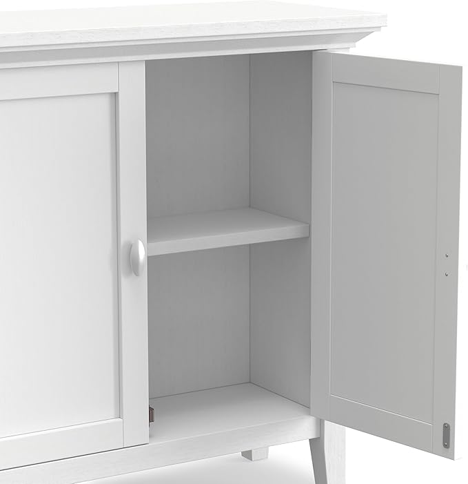 SIMPLIHOME Redmond SOLID WOOD 32 inch Wide Transitional Low Storage Cabinet in White for the Living Room, Entryway and Family Room