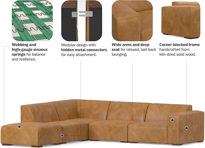SIMPLIHOME Rex Left Corner Sectional Modular Sofa and Ottoman Set in Full-Grain Genuine Leather, Sienna, 116-inch-wide L-Shaped Leather Sofa and Matching 34-inch-Wide Table Ottoman for Living Room