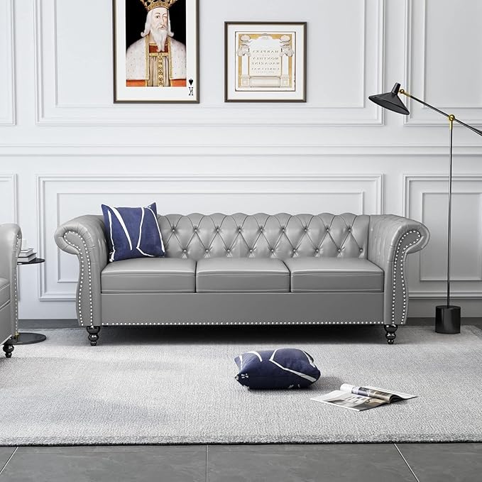 Chesterfield 3 Seater Sofa, Modern Leather Tufted Couch 3 Seater with Rolled Arms and Nailhead Mid-Century Upholstered Couch for Living Room, Bedroom, Apartment and Office, Grey