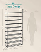 SONGMICS Shoe Rack, 10-Tier Shoe Organizer, Metal Storage Shelf, Upright or Upside Down, for 44-55 Pairs, for Entryway, 11.8 x 36.2 x 68.1 Inches, Black ULSA011B01