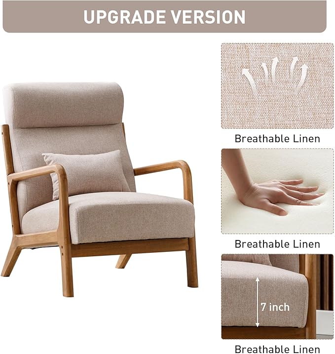 ANJHOME Mid Century Modern Accent Chair with High Back, Single Lounge Armchair with Solid Wood Frame, Comfy Reading Chair for Living Room, Easy Assembly