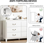 White Dresser, Modern 6 Drawer Double Dresser for Bedroom Adults & Kids with Vintage Gold Handles, Wide Dressers & Chests of Drawers, 6 Drawer Dressers for Hallway, Antique White