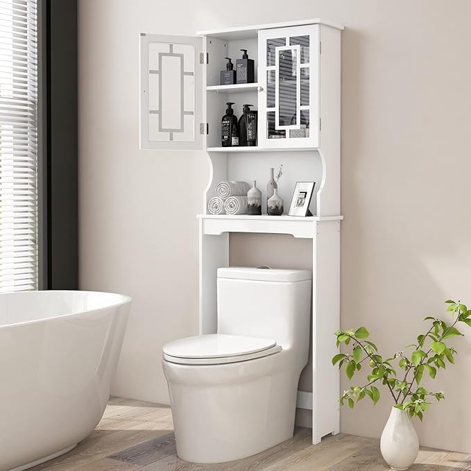 Giantex Over-The-Toilet Storage Space Saver, Bathroom Organizer with Cabinet and Shelf, Above Toilet Standing Rack (White)