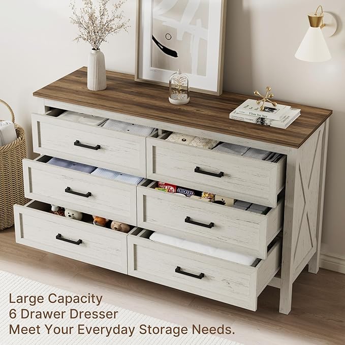 LYNSOM Farmhouse 6 Drawers Dresser for Bedroom, Wood Rustic Wide Chest of Drawers with Deep Drawers, Metal Handle, Storage Dressers Organizer for Entryway, Hallway, Antique White