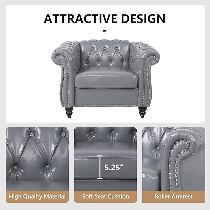 Accent Sofa Chair for Living Room, Modern PU Leather Upholstered Armchair, Oversized Comfy Single Sofa Chair with Cushion, Mid Century Tufted Chesterfield Sofa Couch for Bedroom, Apartment (Grey)