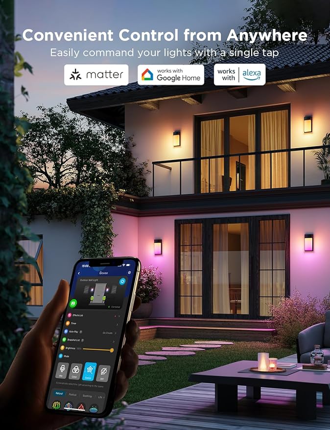 Govee Outdoor Wall Light, 1500LM Smart RGBIC Porch Lights Outdoor with 45 Scene Modes, IP65 Waterproof for Outdoor Decor, DIY, Wall Sconce Works with Alexa, Google Assistant and Matter, 1 Pack