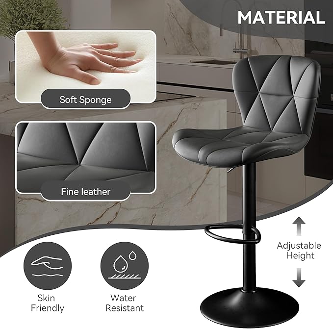 Bar Stools Set of 4,Adjustable Swivel Barstools, Faux Leather Bar Chairs,Upholstered Counter Height with High Backrest for Kitchen Island, Black