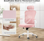 Farini Ergonomic Office Chair, Home Office Desk Chair with Headrest, High Back Computer Chair with Armrests and Adjustable Lumbar Support for Home Office Study Room, White & Pink