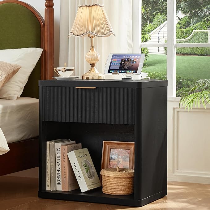 LEYAOYAO Fluted Nightstand with Charging Station, 23" Wide 1 Drawers End Table,Black Night Stand with Open Storage Cabinet, Farmhouse Bed Side Tables, Wood Dresser for Bedroom, Living Room, Closet