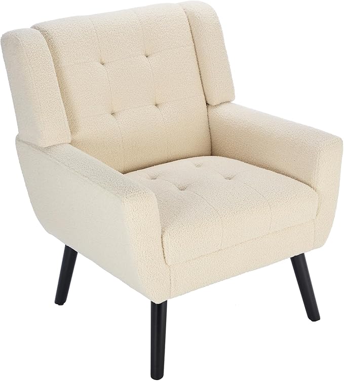 Dolonm Midcentury Modern Teddy Accent Chair with Arms, Upholstered Reading Side Chair Tufted Back Decorative Wingback Chair for Living Room Bedroom (White)