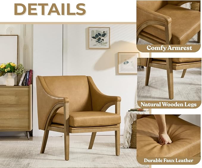 EALSON Modern Accent Chairs Set of 2 Comfy Leather Living Room Chairs with Wooden Frame and Armrest Mid Century Upholstered Reading Lounge Armchairs for Living Room/Bedroom/Reading/Balcony, Brown