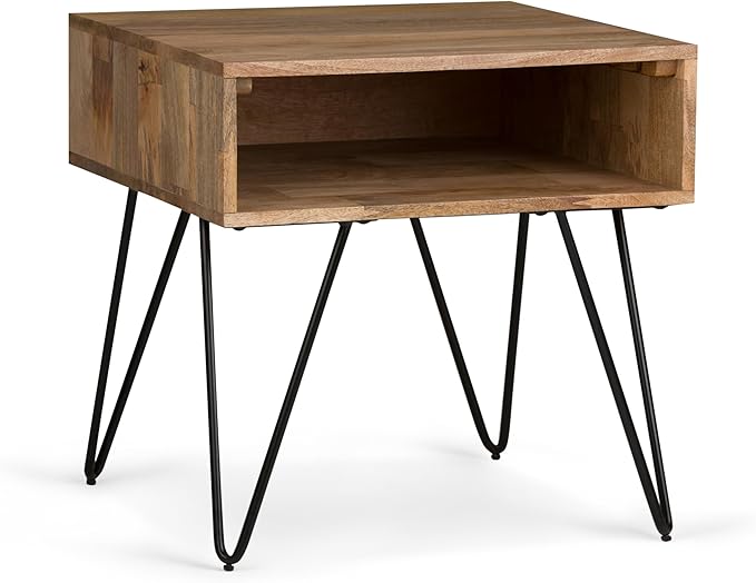 SIMPLIHOME Hunter SOLID MANGO WOOD and Metal 22 inch Wide Square Industrial End Side Table in Natural for the Living Room and Bedroom