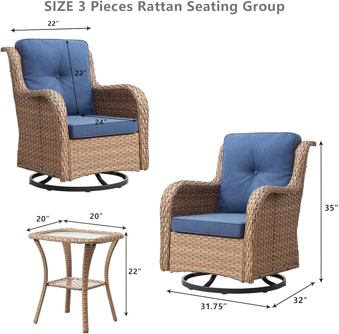 HUMMUH 3-Piece Swivel Rocking Rattan Chair Outdoor, Patio Bistro Furniture Conversation Set, Cushioned Wicker Chair with Glass Coffee Table(Yellow,Blue)