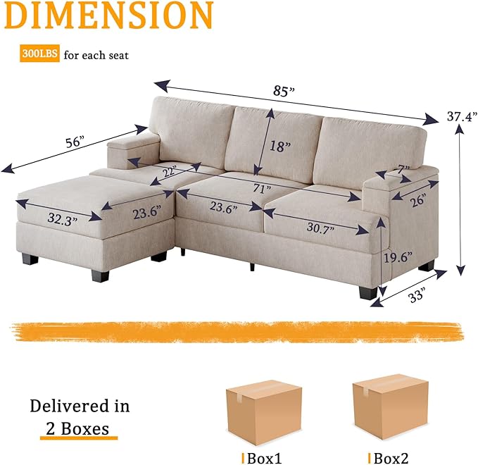 85'' L Shaped Couch with Armrest Organizer,3 Seats Sofas with Movable Ottoman,Comfy Sectional Sofa with Thick Cushion,Chenille Sectional Couches for Living Room,Bedroom,Apartment,Home Furniture,Khaki