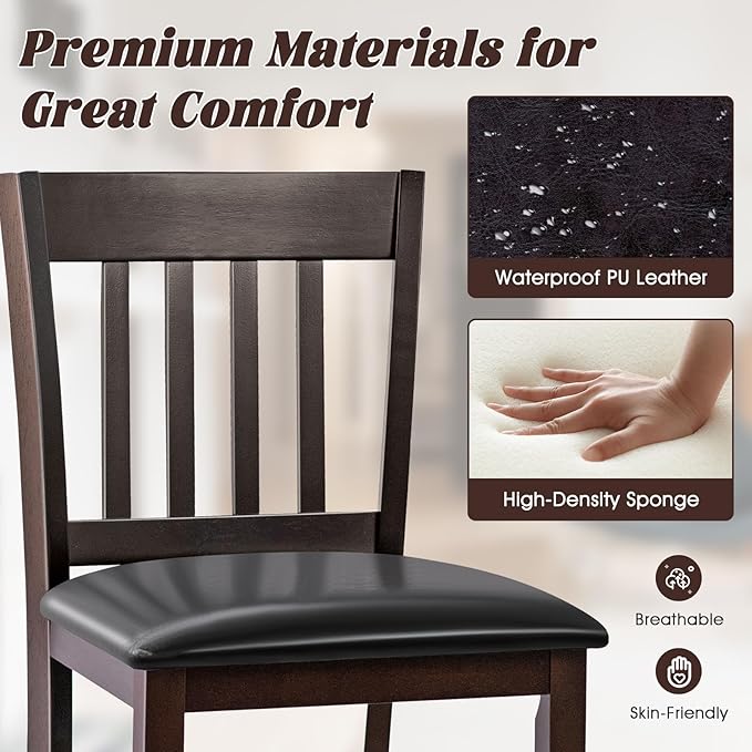 COSTWAY Counter Height Bar Stools Set of 2, 25'' Wooden Pub Chairs with PU Leather Seat, Mid Century Modern Upholstered Island Chairs for Kitchen, Living Room, Dining Room, Bar