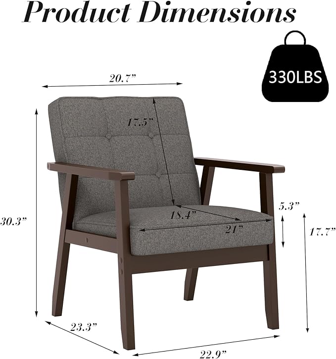 KCC Mid-Century Modern Linen Fabric Accent Chair, Upholstered Tufted Leisure Chair Comfy Reading Side Chair with Armrest and Solid Wood Frame for Living Room Bedroom Balcony(Gray)