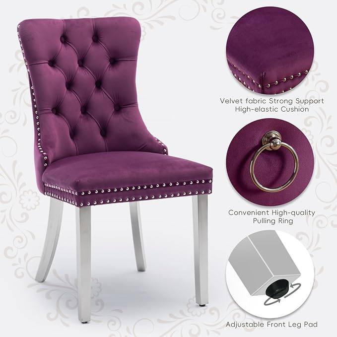 Velvet Upholstered Dining Chairs Set of 8, Modern Kitchen Side Chairs with Nailhead Trim and Silver Plated Leg, Metal Pulling Ring for Dining Room Living Room(Purple-Silver Plated Leg)