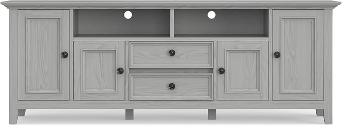 SIMPLIHOME Amherst 72-inch Wide Solid Wood TV Stand in Fog Grey, Transitional-Style Media Console for Living Room with Cable Management and Adjustable Shelves, Fits 80" TVs