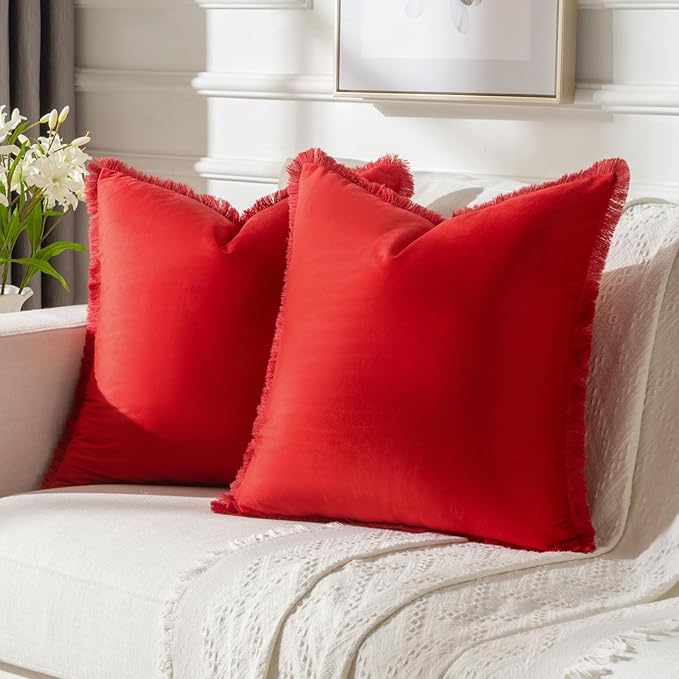 FUTEI Christmas Red Velvet Decorative Throw Pillow Covers 16x16 Set of 2,Soft Cozy Edge with Tassels Cushion Case,Boho Modern Home Decor for Couch Bed Living Room