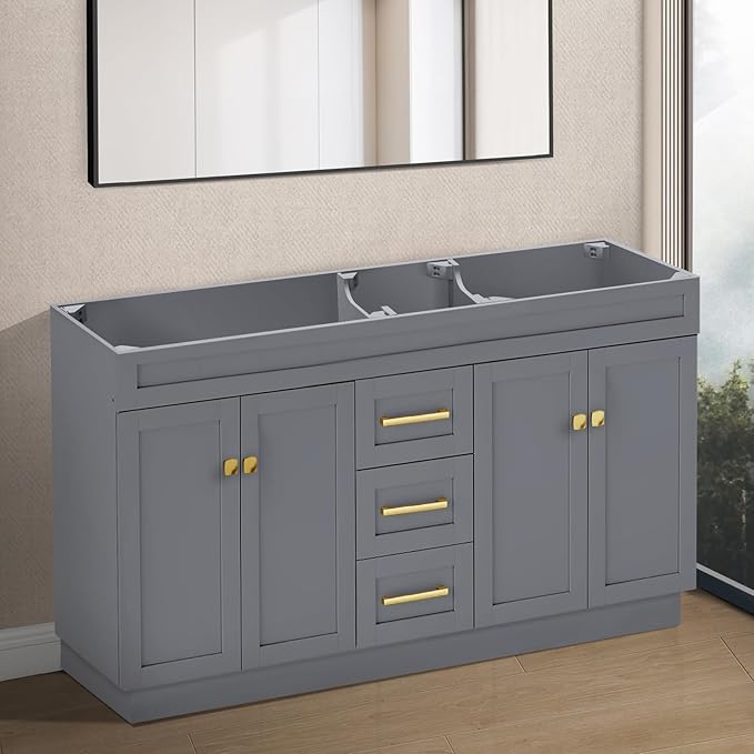 60" Bathroom Vanity Without Sink,Solid Wood Bathroom Storage Cabinet,4 Soft Closing Doors, 3 Full Extension Drawers, Grey Painted Surface