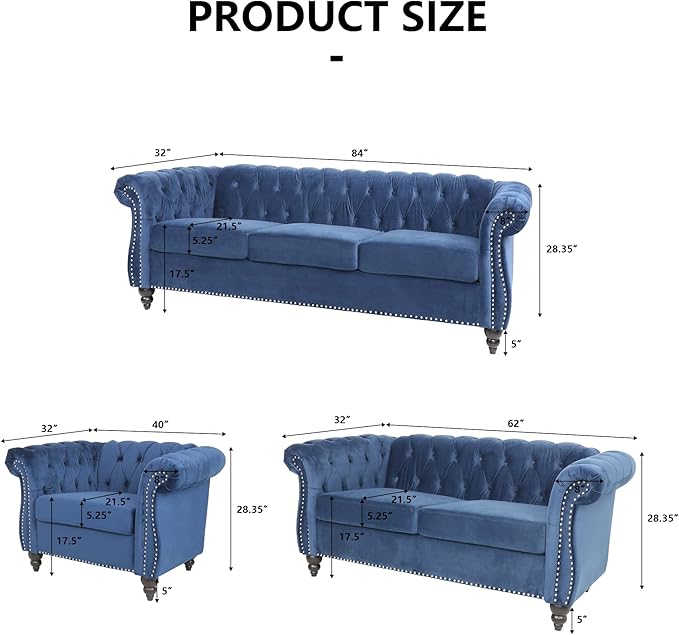 2 Piece Living Room Furniture Set, Velvet Loveseat and Chair Set, Mid Century Modern Upholstered Sofa Couch with Cushions, Comfy Tufted Chesterfield Couches for Living Room, Bedroom, Office