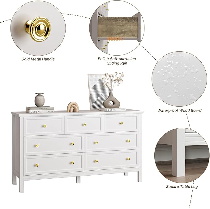 White Dresser for Bedroom with Gold Handle Modern 7 Drawer Dresser, Wood Chest of Drawer Closet Clothes Storage Organizer for Living Room, Hallway, TV Stand, 55 Inch