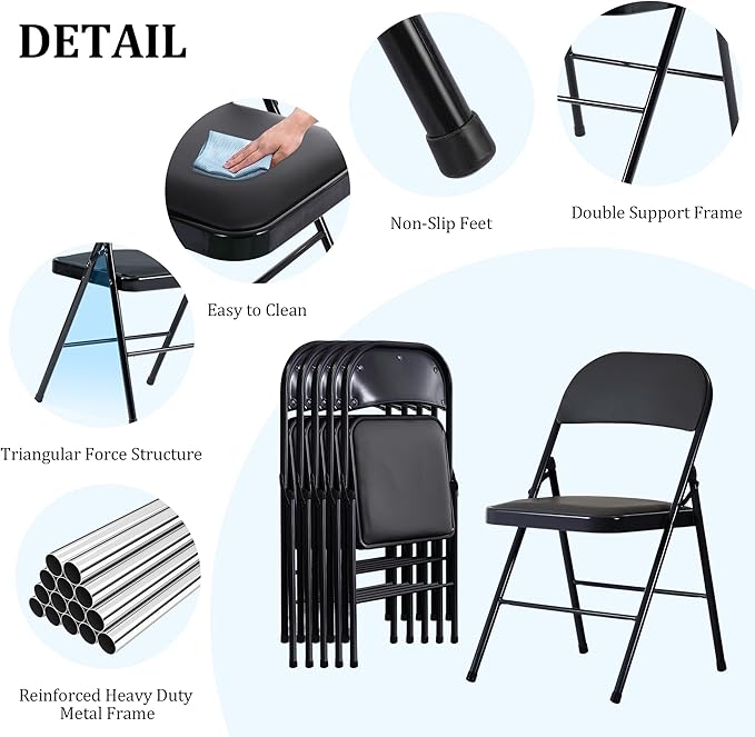 6 Pack Black Folding Chairs with Padded Cushion and Back, Foldable Indoor Outdoor Chairs with 330-LBS Capacity, Portable Heavy Duty Metal Frame Commercial Seat for Kitchen, Party, Events, Wedding