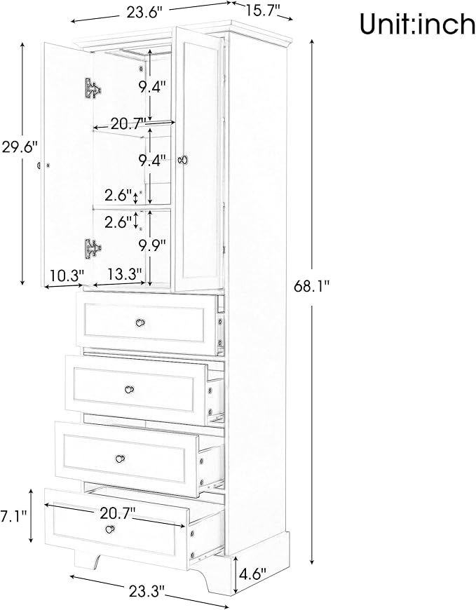 P PURLOVE Bathroom Storage Cabinet with 2 Doors and 4 Drawers,Tall Bathroom Cabinet Standing,Wood Freestanding Bathroom Cabinet for Kitchen,Living Room,White