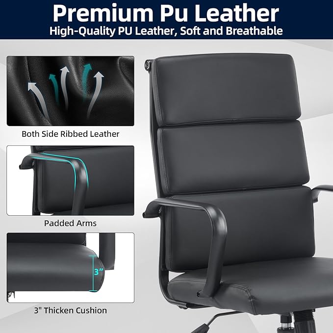 Office Chair, Ergonomic Adjustable Desk Chair, Mid Back Executive Comfortable Leather Lumbar Support Home Computer Chair with Padded Seat Swivel Wheels