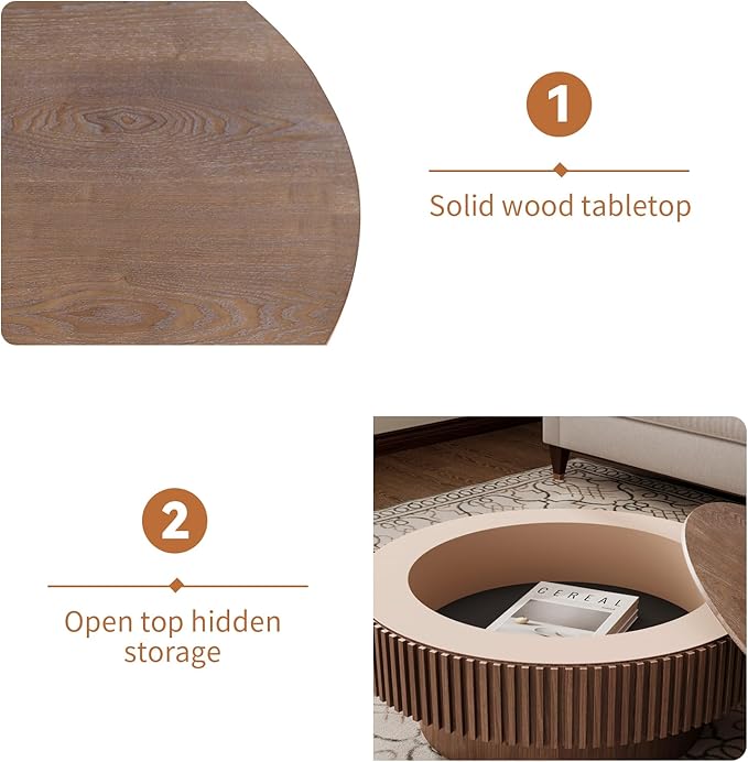 31.5'' Round Coffee Table for Living Room, Fluted Coffee Table with Hidden Storage, Solid Wood Veneered Circle Table, Modern Tea Table for Small Space Apartment (Walnut-31.5''D×14''H)