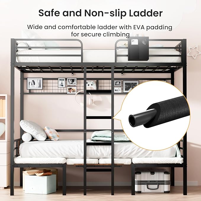 Twin Over Twin Bunk Bed, Convertible Twin Bunk Bed w/Desk & Storage & 2 Seat, Heavy Duty Metal Twin Loft Bed Frame with Safety Guardrails & EVA Padded Ladder for Teens(Cushion not Included)