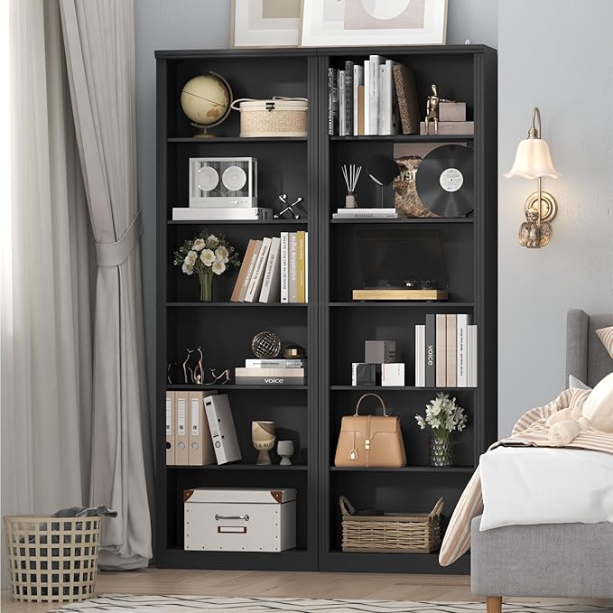 75" Tall Bookshelf & Bookcase Set of 2, 6-Tier Adjustable Storage Shelves, Book Shelf with Anti-Tipping Device, Floor Standing Modern Display Rack for Living Room, Bedroom, Office, Black