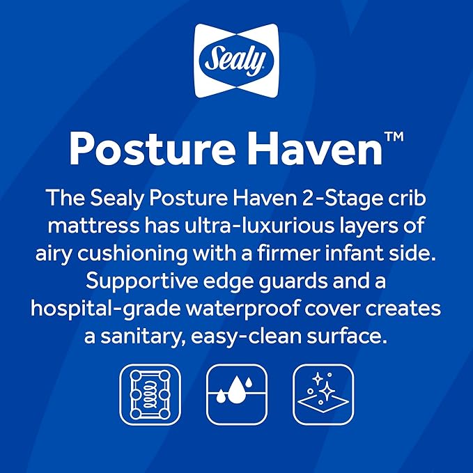 Sealy Baby Posture Haven Orthopedic Antibacterial 2 Stage Waterproof Crib Mattress plus Toddler Bed Fit, 204 Premium Coils, GREENGUARD Gold Certified, Safety & Quality Tested, Made in USA, 52"X28"