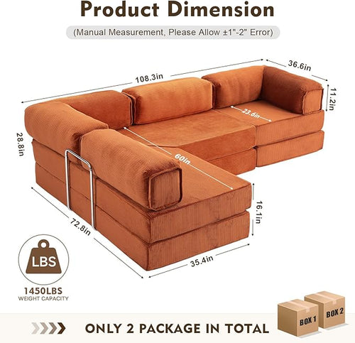 108" L Shaped Couch，Modular Sectional Sofa with Chaise，Cloud Sectional Couch with Deep Seat & Removable Pillow for Living Room,Bedroom,No Assembly Required（Brick Red）