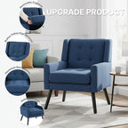 Mid-Century Modern Accent Chair, Plush Linen Fabric with Button Tufted High Back & 5" Thick Cushion, High Comfort Reading Chair for Living Room, Bedroom, Office (Blue)