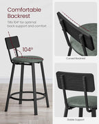 VASAGLE Bar Stools, Set of 2 PU Upholstered Breakfast Stools, 29.7-Inch Barstools with Back and Footrest, Simple Assembly, for Dining Room Kitchen Counter, Classic Black and Forest Green ULBC059C01