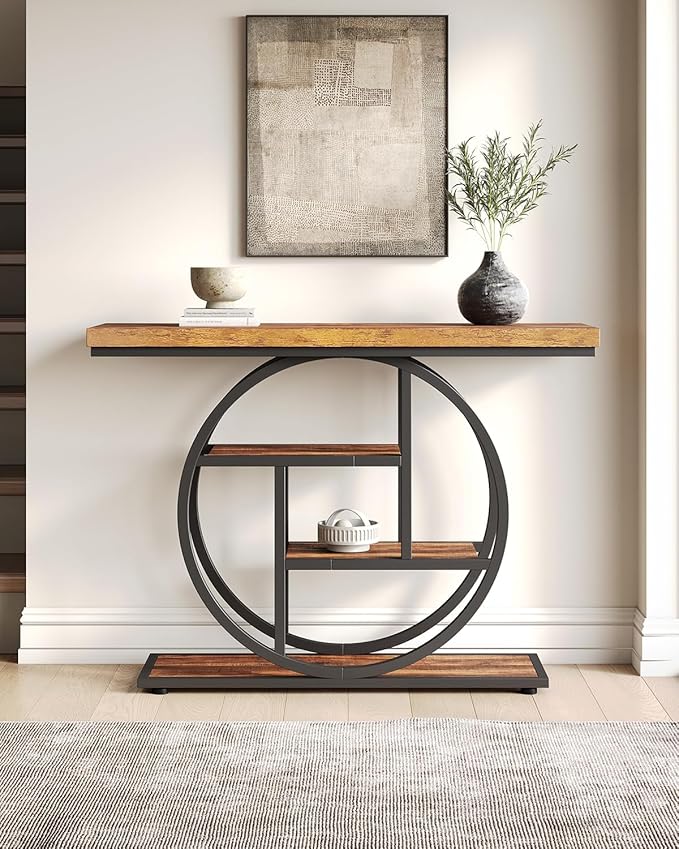 LITTLE TREE Console Table, 4-Tier Entryway Table, 41.3-Inch Industrial Sofa Table for Living Room, Foyer Hallway Table for Entrance, Rustic Brown and Black
