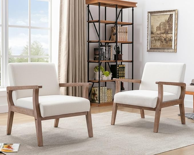 HNY Mid Century Modern Accent Chairs Set of 2 with Wood Frames, Linen Upholstered Living Room Arm Chairs for Living Room, Bedroom, Ivory