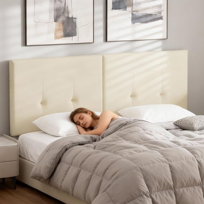 King Headboard Only with Adjustable Metal Legs, Faux Leather Upholstered Headboard King Size, Modern Stylish Headboard with Sunken Dot Design, Sturdy Bed Headboard for Bedroom, Beige