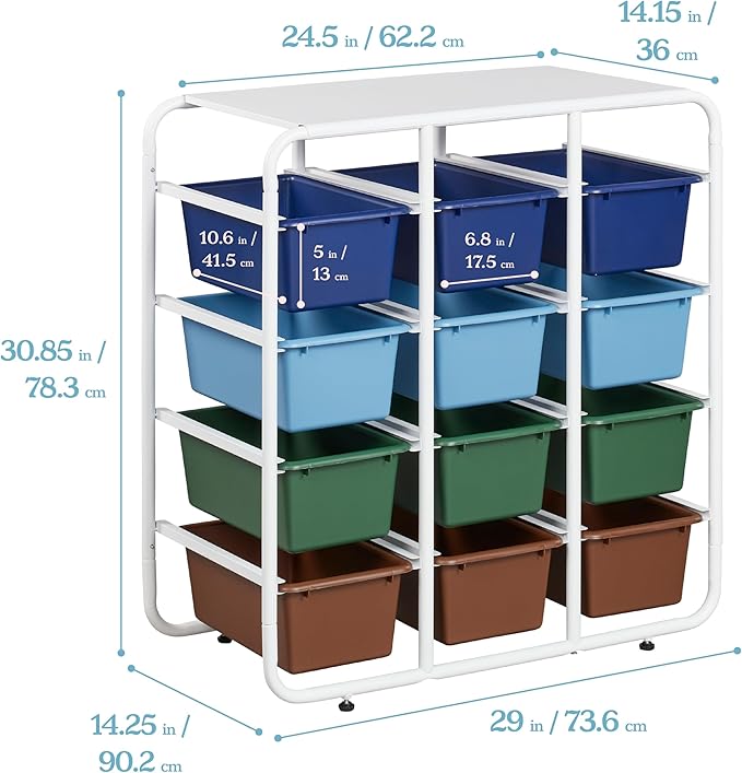 ECR4Kids 4-Tier Storage Rack with 12 Cubby Bins 4x3, Multipurpose Organization, Earthtone