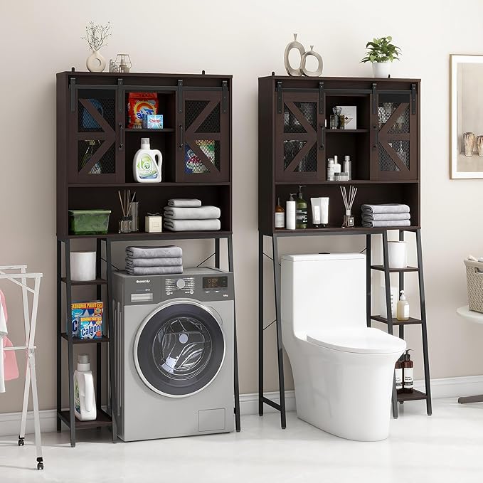 Over The Toilet Storage Cabinet, Farmhouse Storage Cabinet Over Toilet with 2 Sliding Barn Door，Home Space-Saving Toilet Rack, for Bathroom, Restroom, Laundry，Espresso
