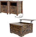Farmhouse Coffee Table Set of 3, Lift Top Coffee Table with Sliding Barn Doors and Nightstands Set of 2 with Charging Station, Living Room Table Set for Home Office, Brown