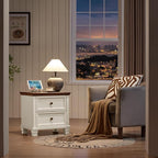 Farmhouse Nightstand Set of 2, Rustic Low Nightstands with 2 Drawers & Charging Station, Vintage Night Stands with 4 Square Solid Wood Legs, Small Dresser for Bedroom, Home, White