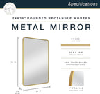 MCS Master & Co. Modern Metal Large Wall Mirror, Minimalist Home Decor Rectangle Mirror with Rounded Corners for Living Room, Bedroom, or Bathroom, 24 by 36 Inch, Brass