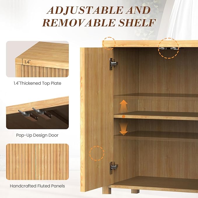 YOUDENOVA Fluted Buffet Cabinet with Storage, Modern Sideboard Cabinets with 4 Doors & Adjustable Shelves, Accent 56” Credenza Storage Cabinet, Wood Entryway Cabinet for Living Room Hallway, Natural