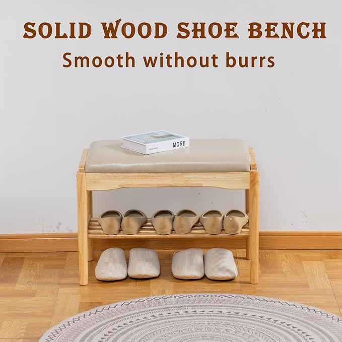 latifolia Small Shoe Bench, Solid Wood Bench with Cushion, 2 Tier Shoe Storage Organizer for Entryway(Nature,23.62''L)