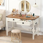 Farmhouse Computer Desk with 2 Drawers, 39 Inch Small Office Computer Desk with Power Outlets, Compact Writing Study Desk for Small Spaces, Antique White