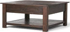 SIMPLIHOME Monroe Square Coffee Table - 38 inch Wide Solid Acacia Wood Living Room Table in Distressed Charcoal Brown, Rustic Cocktail Table for Family Room or Lounge with 2 Drawers and Open Shelf